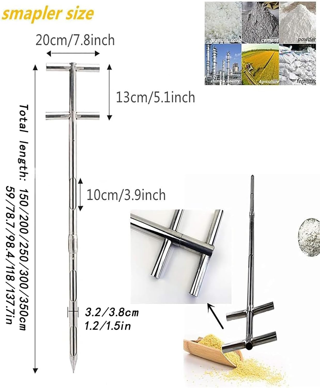 Stainless Steel Grain Powder Sampler Probe with Rotary Handle - 3 Slots, 150CM Length, Ideal for Granule & Solid Sack Bag Sampling, Durable Double Tube Design