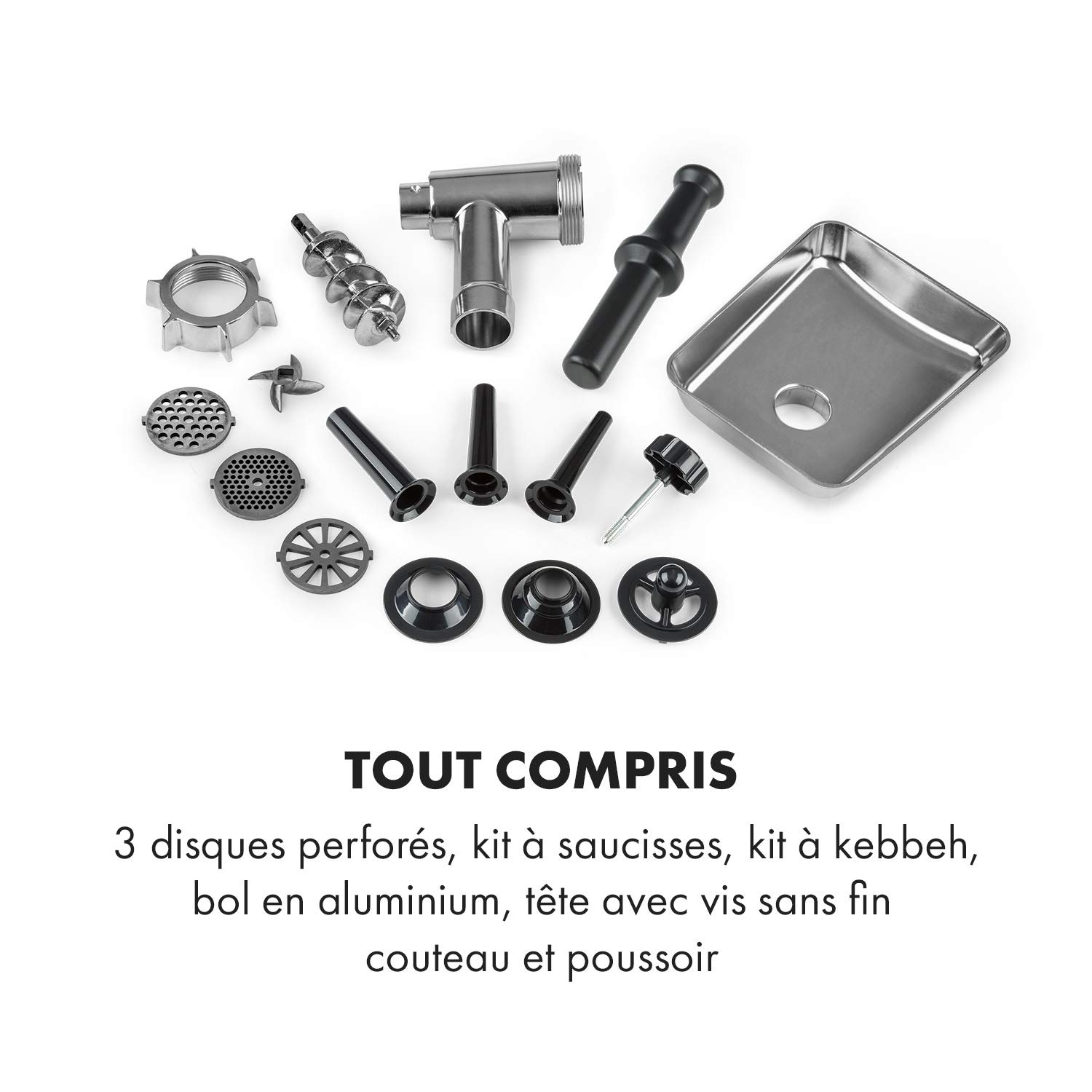 Klarstein Kraftprotz - Hachoir à viande électrique, 700 watts, 2 vitesses, Marche arrière, Couteau en inox, Grand bol en aluminium, 3 disques perforés, Nettoyage facile, Poussoir en plastique - Noir