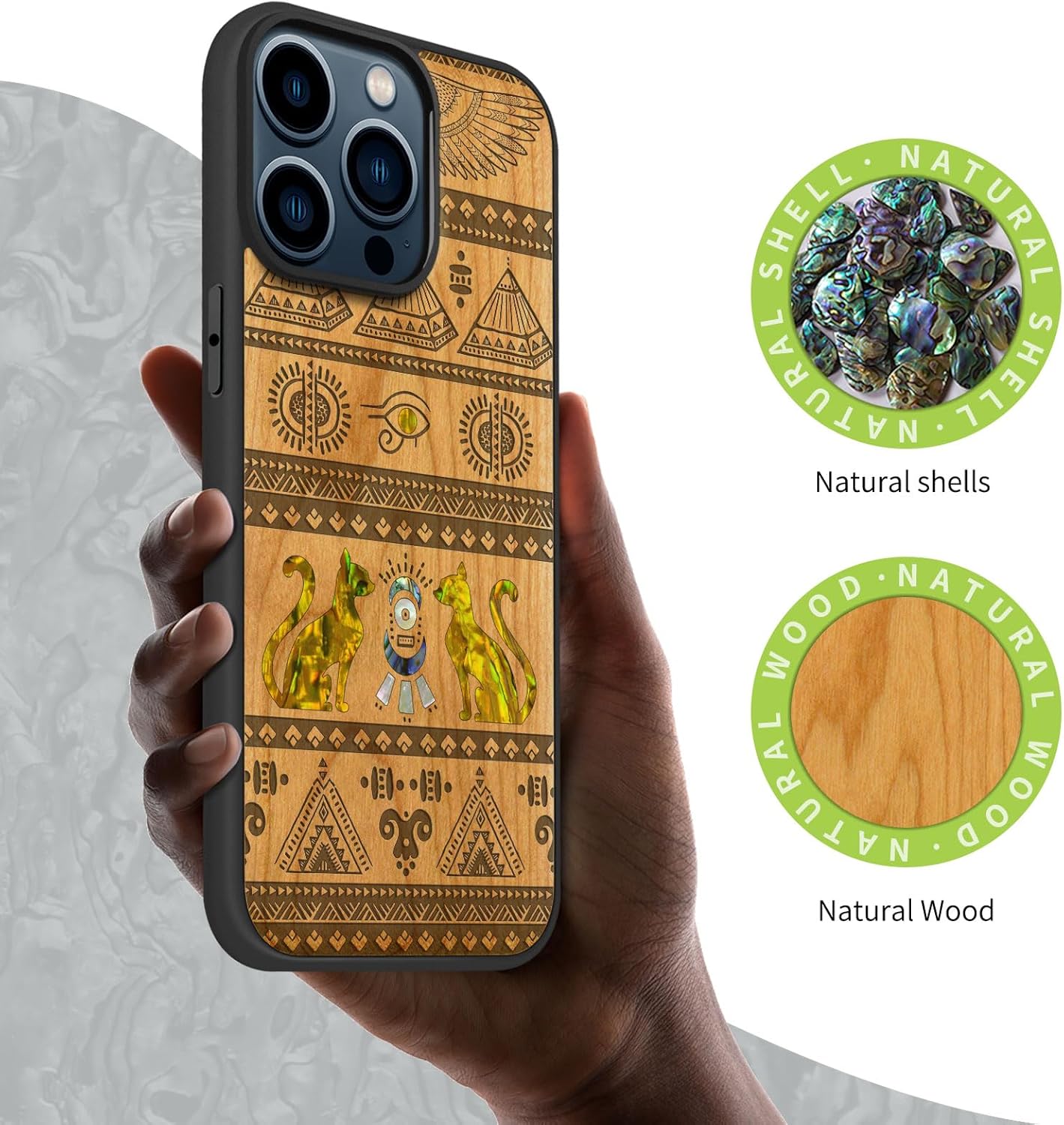 Carveit Wooden Case for iPhone 15 Pro Max Magnetic Case, Compatible with MagSafe Wireless Chargers, Shockproof Cover, Handmade Shell Inlaid & Wood Artisan Engraved (The Symbols of Egypt) Cherry