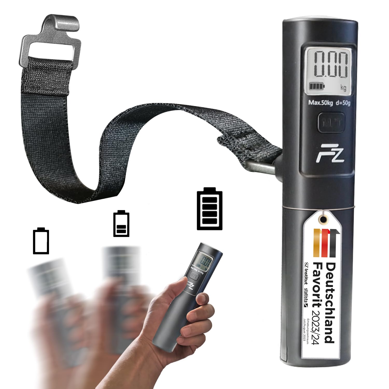 FLOWZOOM Kofferwaage ohne Batterie - Kofferwaage digital mit Haken - Batterielose Gepäckwaage für Koffer - Hängewaage mit Transportbeutel und TARA-Funktion - Luggage Scale - Modell: SHAKEE, schwarz