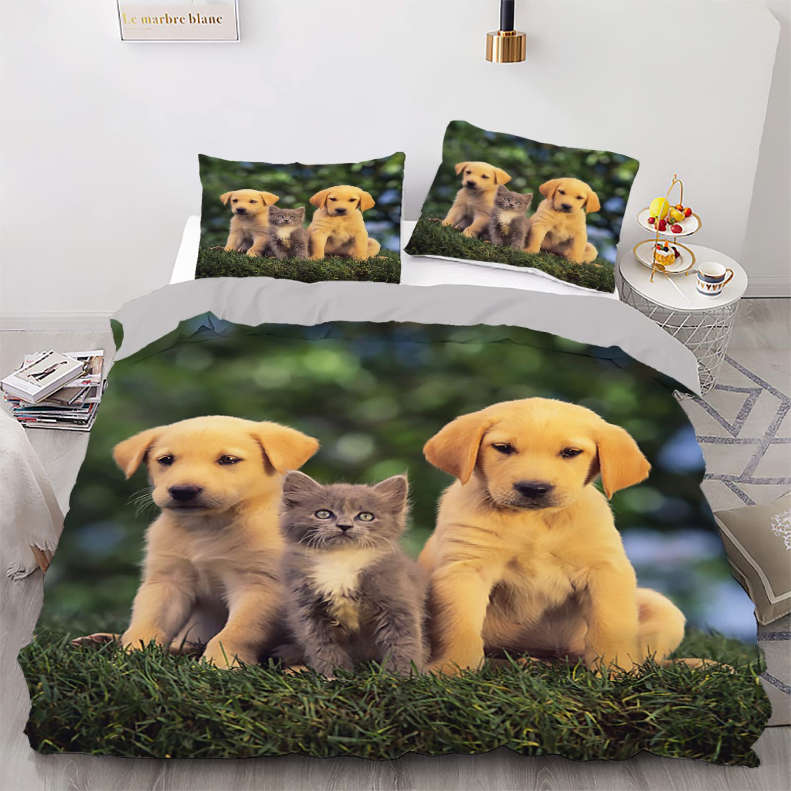 Parure de lit 160x200 microfibre housse de couette trois chiens vert