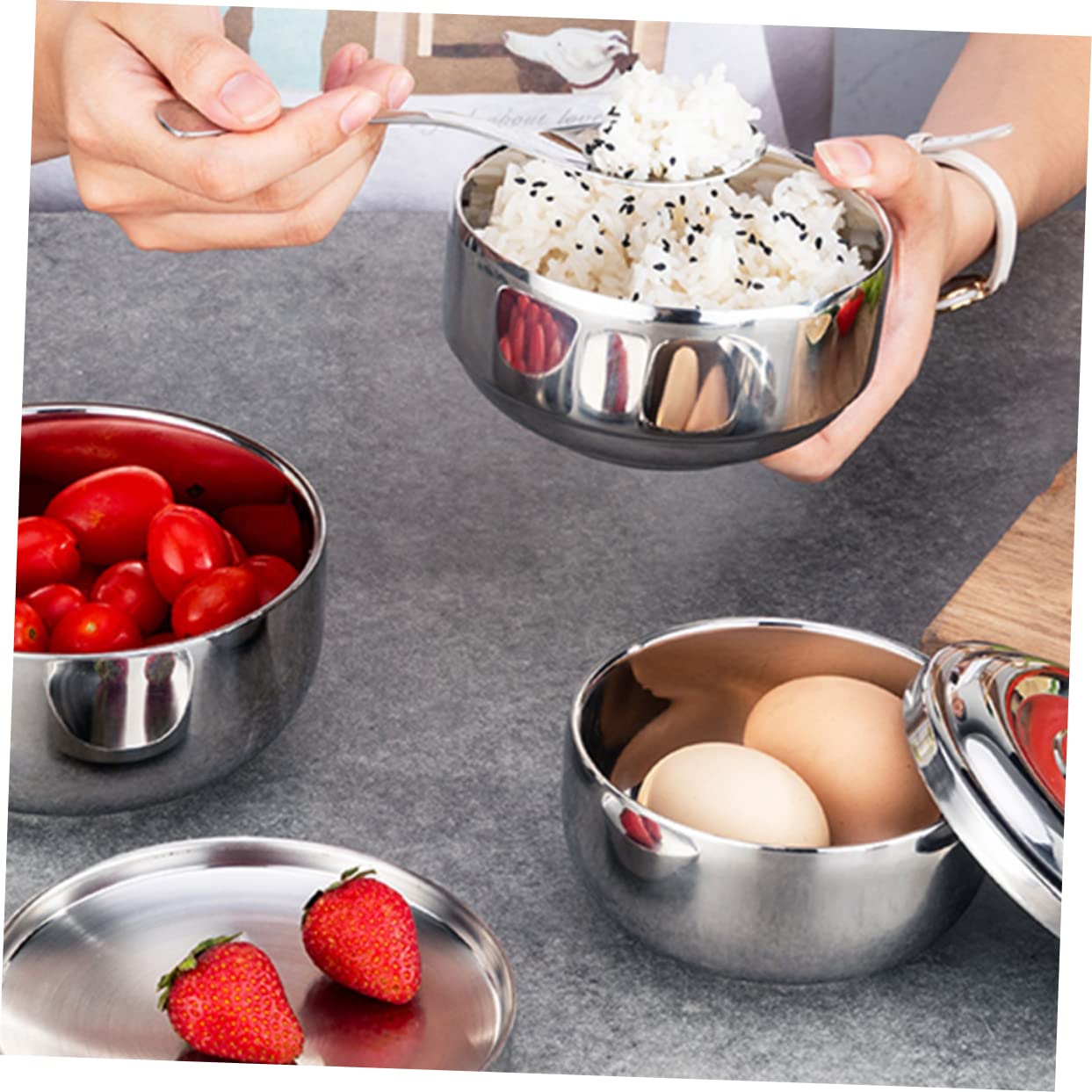 PRETYZOOM 1Pc Stainless Steel Double Layer Rice Bowl with Lid Insulated Household Utensils for Stylish Round Serving Bowl for Home Office Use Food Container Silver