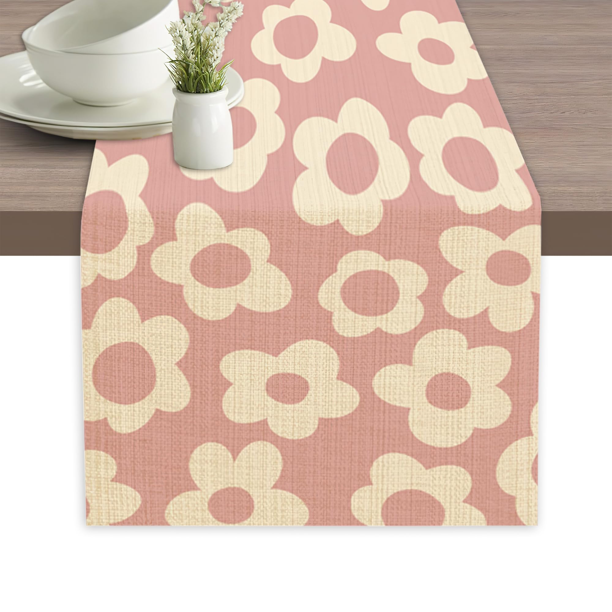 Abstract Pink Flower Table Runners 70 inches Long Table Runner Elegant Linen Dresser Scarfs Farmhouse Tablerunner for Wedding/Coffee/Dining Table/Party Home Decor
