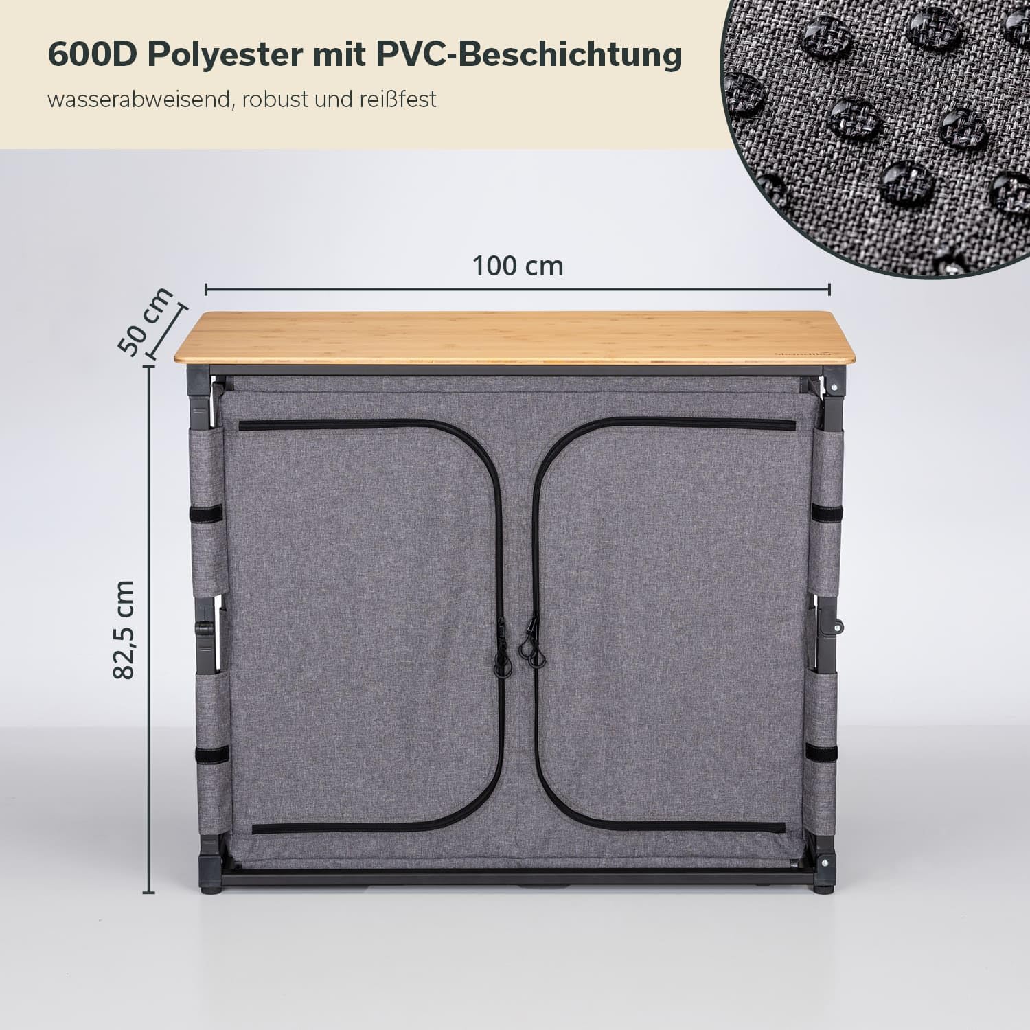 Skandika Campingschrank Triabo |Bambus Arbeitsplatte, Outdoor-Schrank faltbar, 4 Fächer mit festen Einlegeböden, unterteilbar, Tragetasche, Campingküche | Camping Zubehör, Outdoor Küche, Zelt