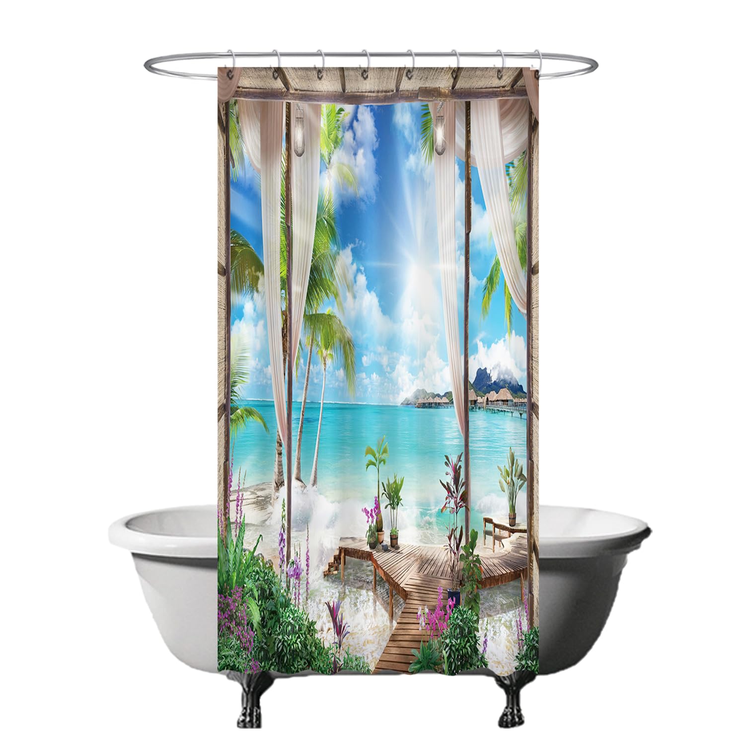 Ulticool Shower Curtain - Beach Sea Nature - 120 x 200 cm - Washable - Anti Mould - with 8 Rings - Blue White Green
