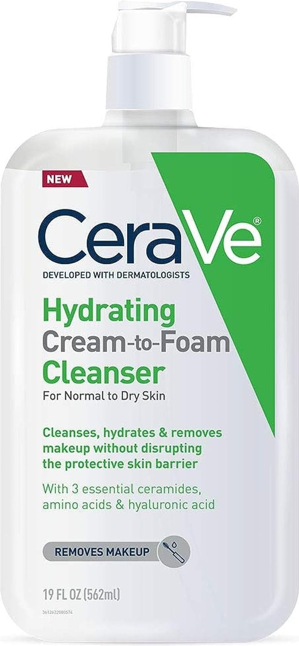CeraVe Hydrating Cream To Foam Cleanser, Face Wash for Dry Skin, 19oz | Skin Care with Hyaluronic Acid, Makeup Remover, Facial Cleanser, Fragrance-Free, Non-Comedogenic, For Normal To Dry Skin