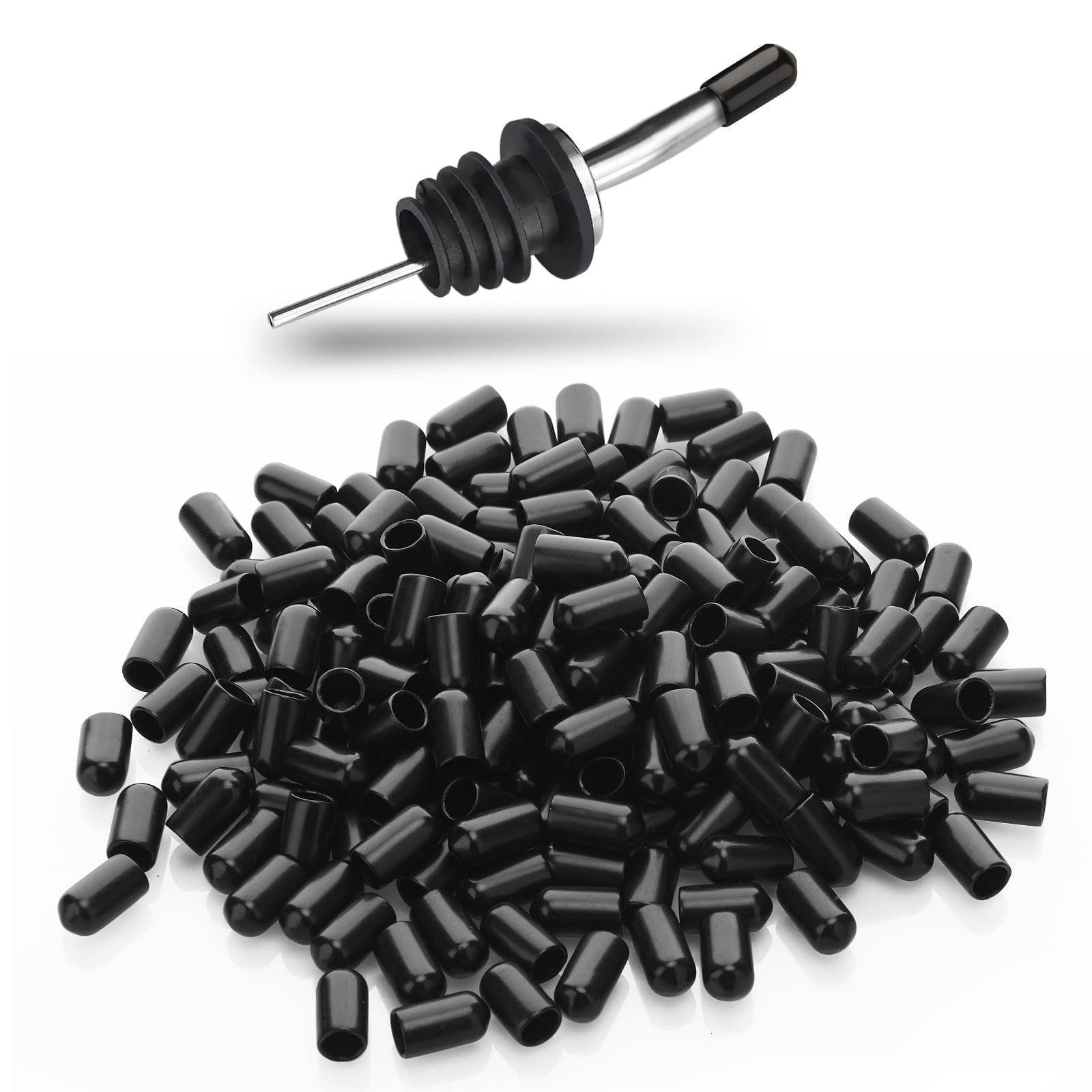 200 PCS Pourers Dust Covers Black Pourer Cap Rubber Caps Olive Oil Liquor Bottle Pour Spout Cover Pour Dispenser Spout Dust Covers(Not Include the Spout)