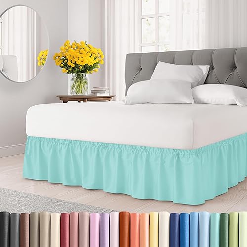 CGK Linens - Falda de cama envolvente con volantes, color azul spa, para camas de tamaño Queen con caída de 12 pulgadas, correa elástica de fácil