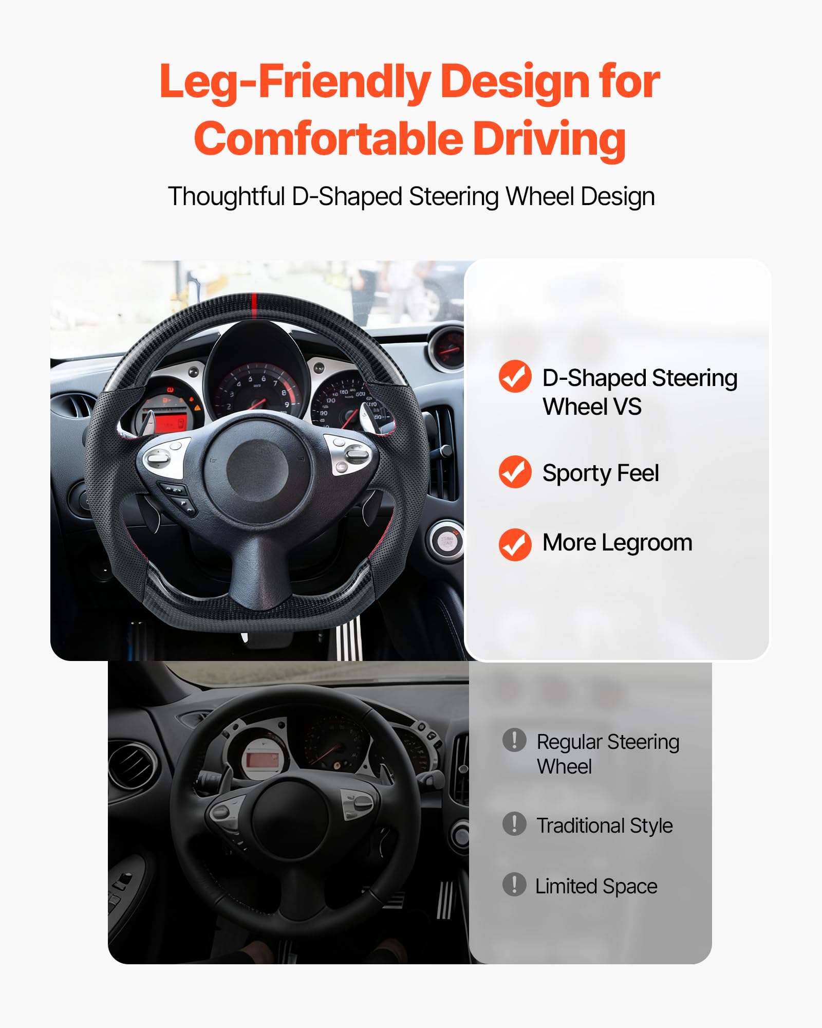 VEVOR Volant Compatible avec Nissan 370Z (2008-2020), Volant de Direction en Fibre de Carbone, Forme en D, Méplat, Poignée en Cuir avec Texture Antidérapante et Coutures Précises, Remplacement, Noir