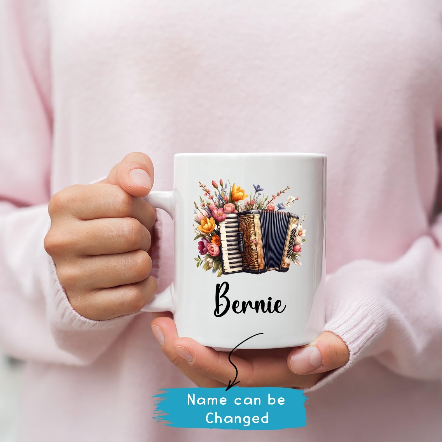 Floral Accordion Travel Cup, Customized Name Musical Instrument Cup Gifts, Accordion Musical Instrument White Tea Mug, Personalized Accordion Player Coffee Cup, Instrument Ceramic Mugs 11 15oz