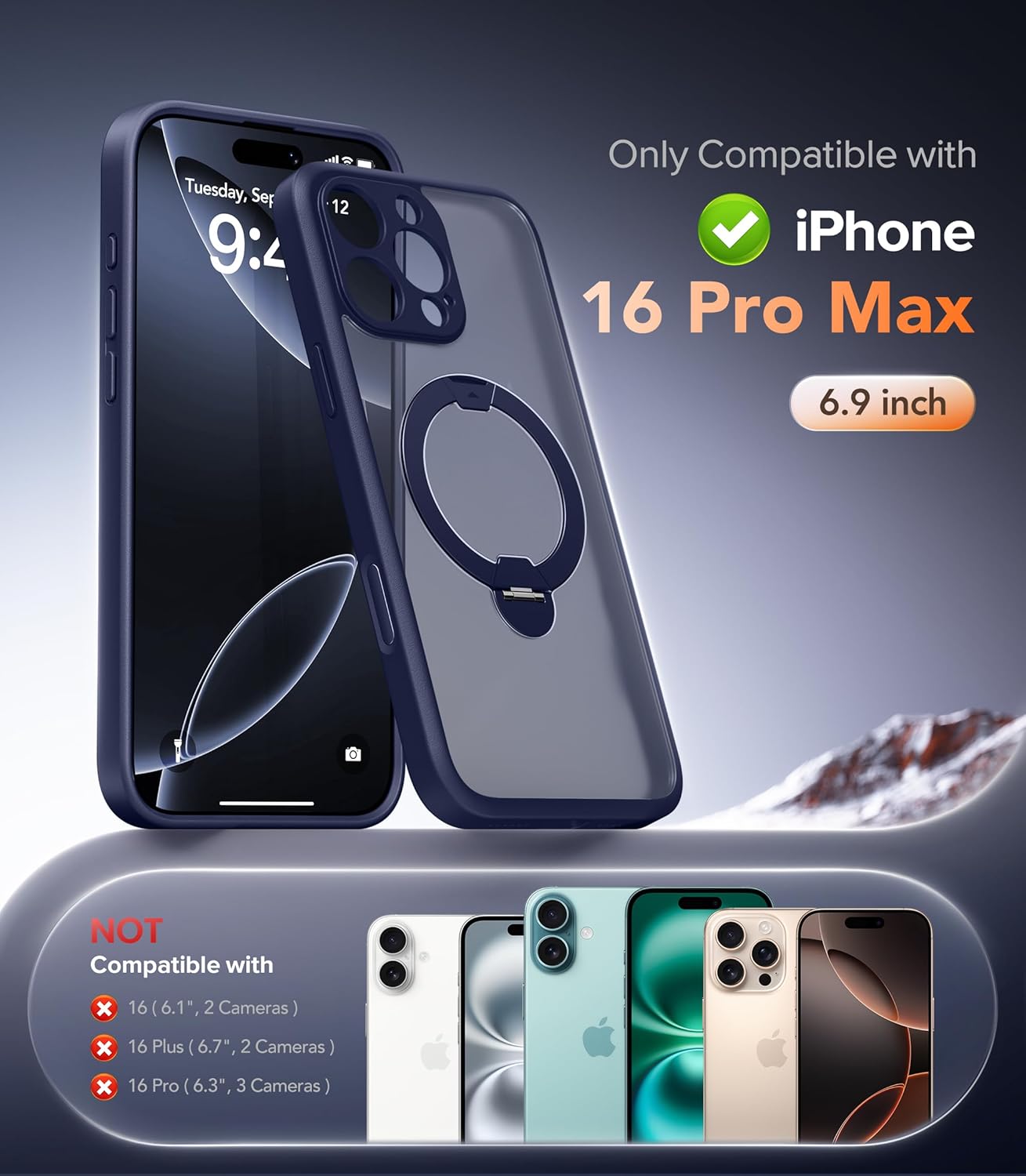 Magnetic Unbreakable Stand for iPhone 16 Pro Max Case, [Anti-Slip] [Military-Grade Protection] [Compatible with MagSafe] Slim Translucent Matte Wireless Charging Phone Cover, Navy Blue - Image 4