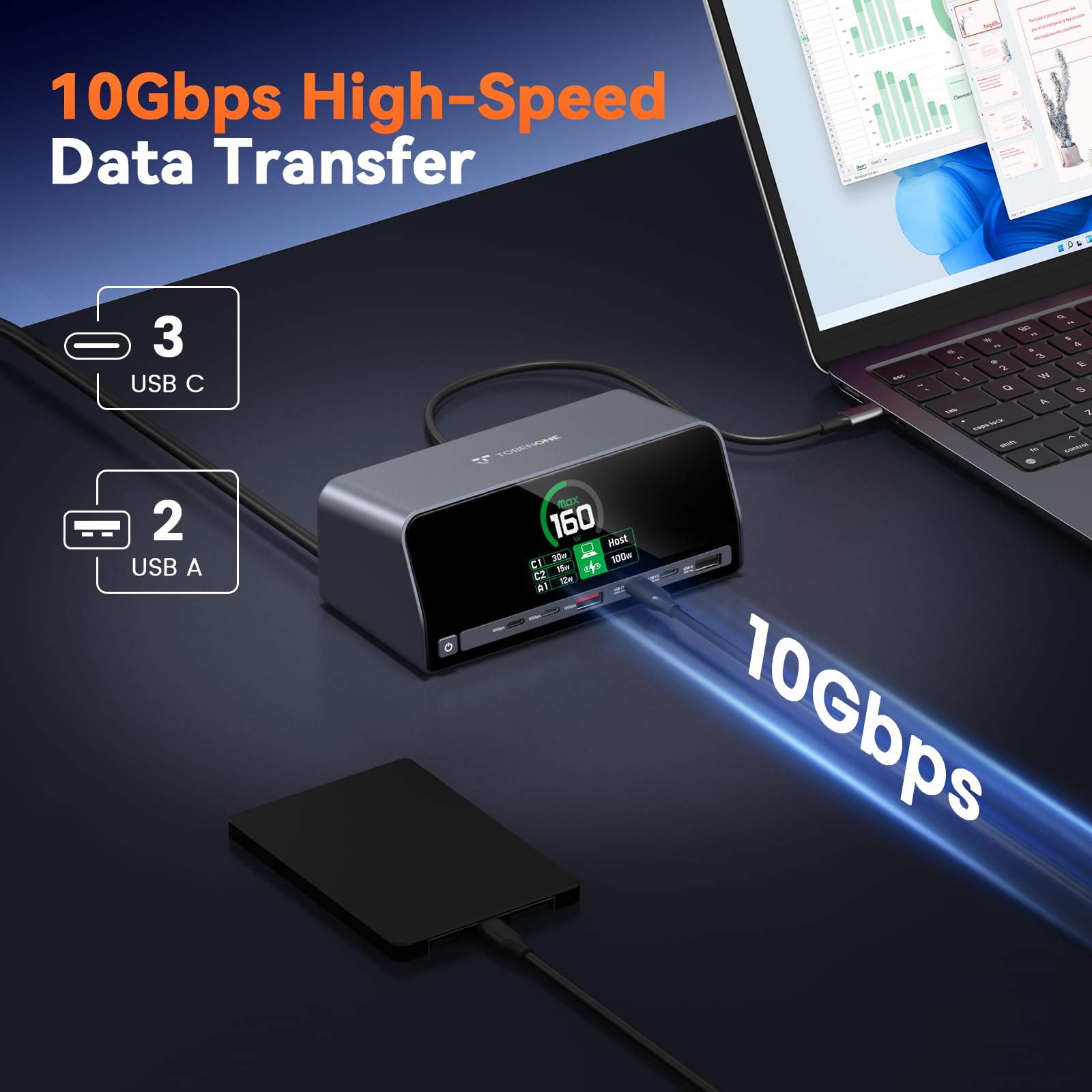 TobenONE Stacja dokująca, stacja dokująca do laptopa 13 w 1, podwójny monitor 4K z HDMI, porty PD 100 W, USB A/C 10 Gb/s, inteligentny wyświetlacz LCD, Gigabit Ethernet, maks. moc wyjściowa 160 W dla