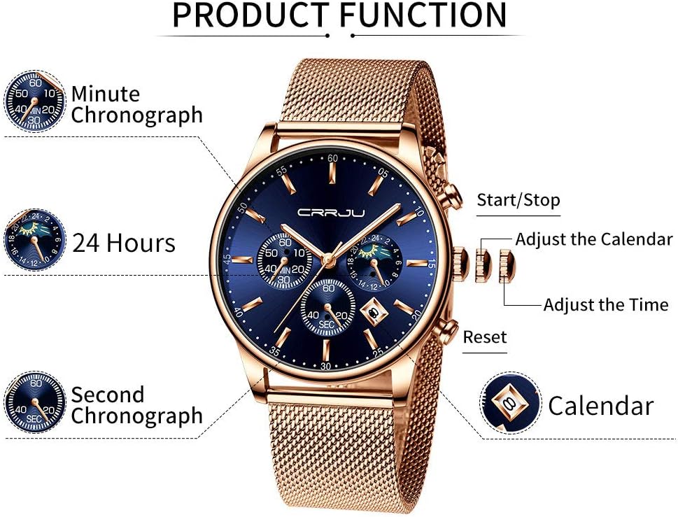 CRRJU Men's Fashion Casual Watches Auto Date Chronograph Watch Men Nice Work Watches Waterproof 30M Full Steel Quartz with Mesh Strap