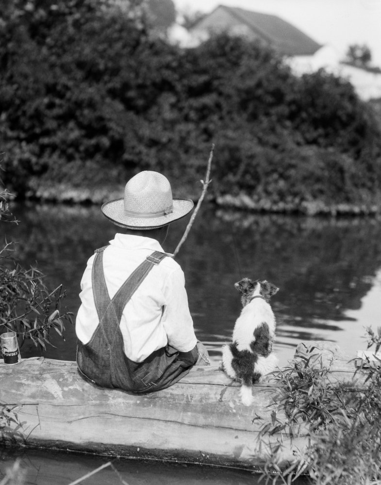 1920s-1930s Farm Boy Wearing Straw Hat And Overalls Sitting On Log With Spotted Dog Fishing In Pond Print By Vintage: Posters & Prints