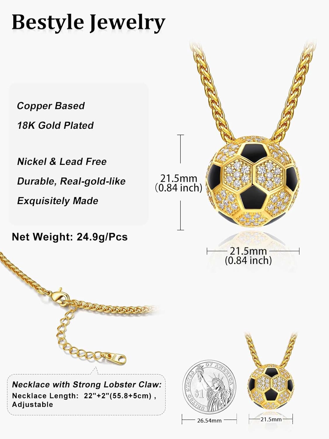 Bestyle Bling Football Baseball Necklace for Men, Full CZ Men Gold Necklace Chain Gold Ball Pendant Sport Jewelry for Sprots Fan - Image 8