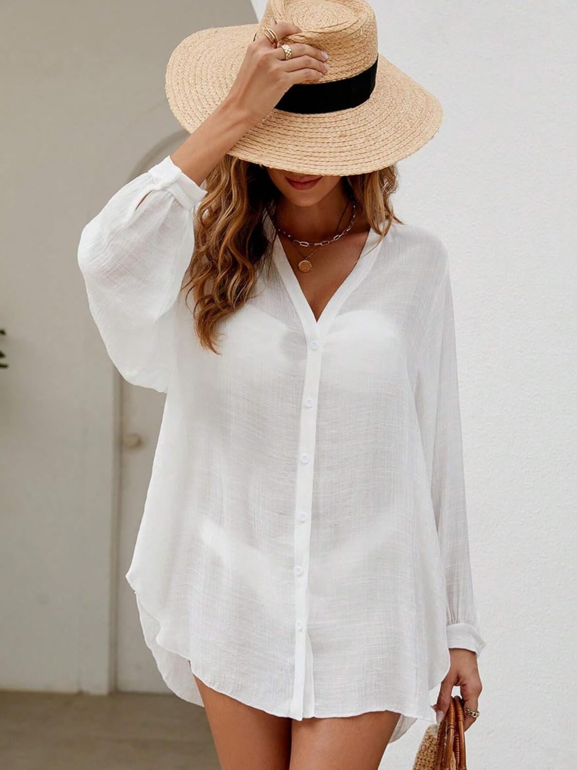 Breezy Lane V Neck Button Down Shirt Coverup for Women Long Sleeve Beach Cover Up for Summer Vacation Outfits - Image 5