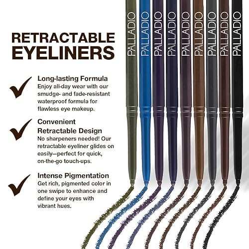 Miniatura 5 de Palladio Delineador de ojos retráctil impermeable color ricamente pigmentado y cremoso delineador de ojos deslizante a prueba de manchas de larga