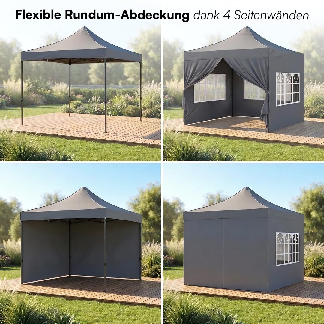 STEELSØN Rynara Pavillon 3x3 m – Faltpavillon mit 4 Seitenteilen – hochwertiger Gartenpavillon inkl. Tragetasche mit Rädern & 3-Fach höhenverstellbar – extrem stabil & UV-/wetterfest - grau