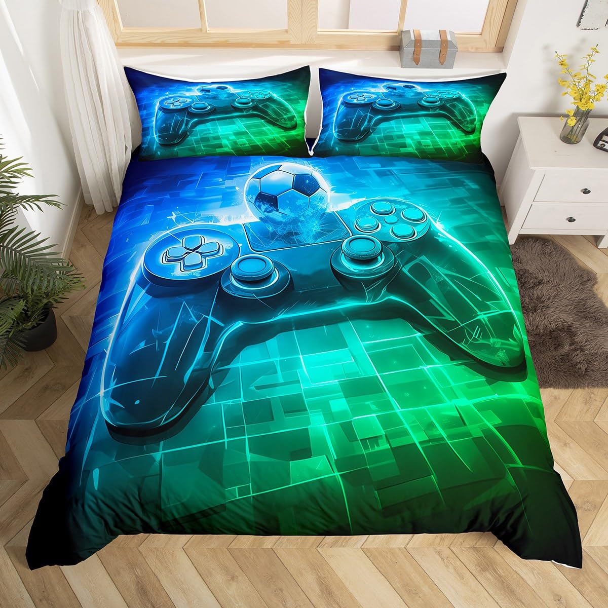 Gamer King Duvet Cover for Boys, Geometric Game Console Bedding Set for Kids Youth, Blue Green Gradient Checkered Gaming Duvet Cover Set, Gamepad Football Print Bed Sets — image 1