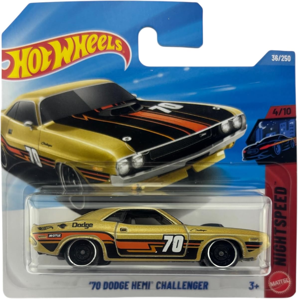 Hot Wheels '70 Dodge Hemi Challenger [Gold] Night Speed 4/10, 36/250, 1:64 Scale Diecast Toy Vehicle