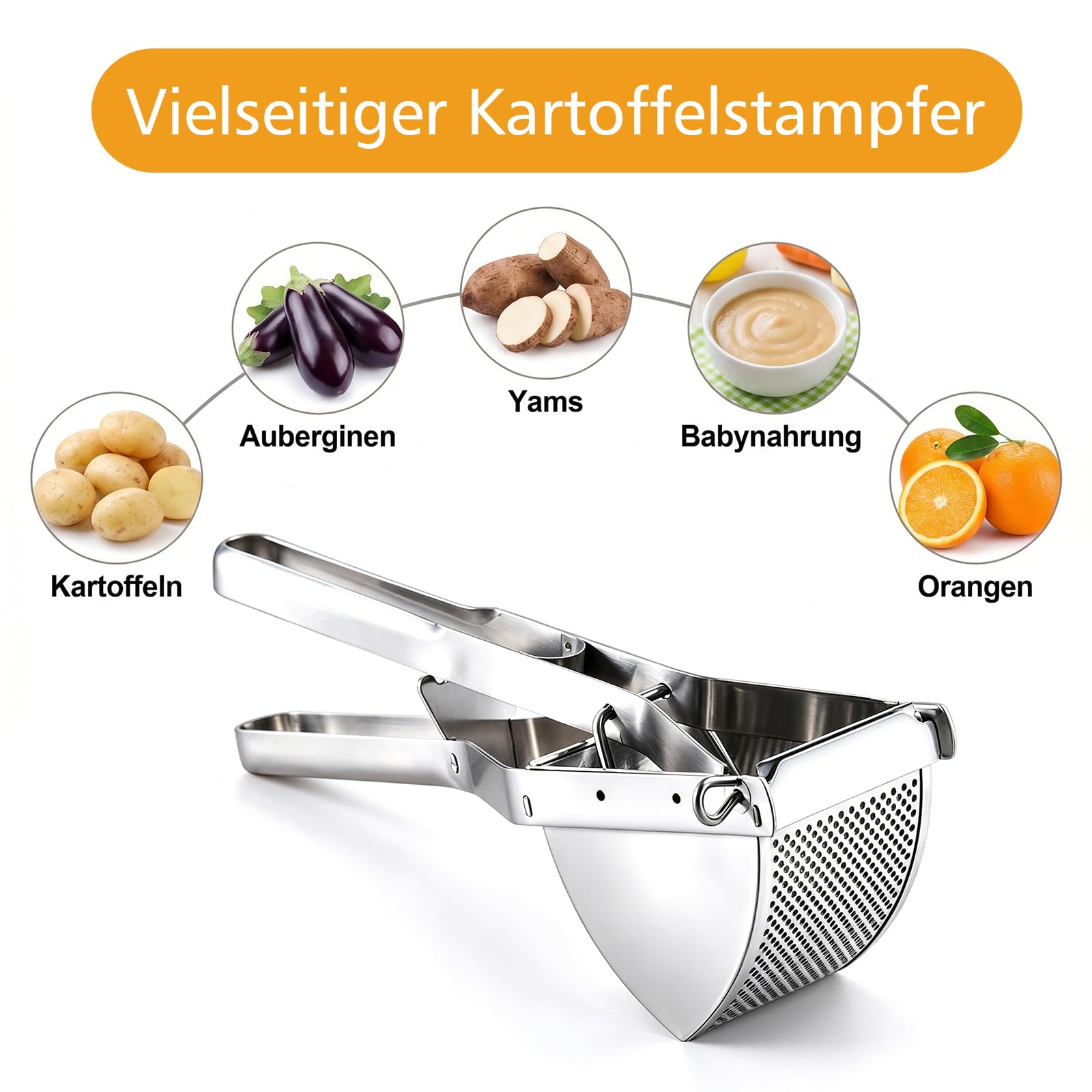 Kartoffelpresse Edelstahl großes Kartoffelstampfer Fassungsvermögen geeignet für die Zubereitung von cremigem Kartoffelpüree Babybrei und gekochtem Gemüse, spülmaschinenfest