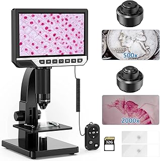 2000X LCD Digital Microscope with Remote Control, 1080P Coin Microscope with 32GB Card, 7'' IPS Display Biological Microscope, 10 LED Lights, PC View, Photo/Video, Compatible for Windows/Mac/OS