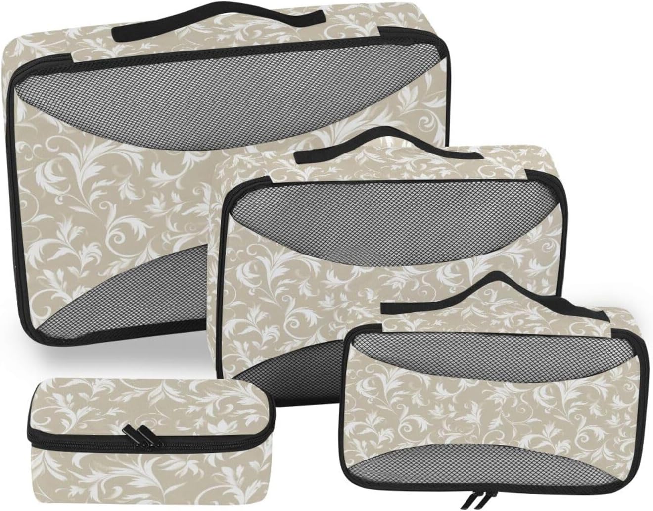 4 Pcs set organizer bags for Mesh Travel Essentials lightweight cubes for travel women -Beige White Elegant Floral Swirls