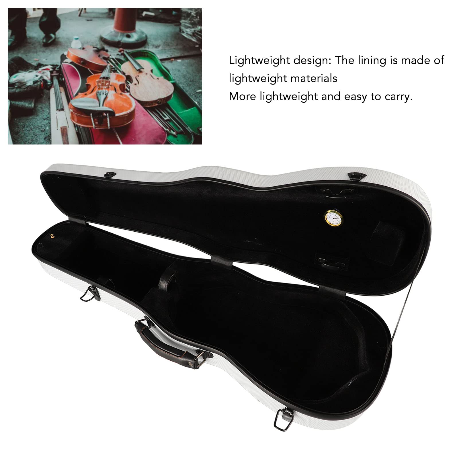 Sostituzione della Scatola per Violino Leggera in Fibra di Carbonio, Custodia Rigida per Violino Portatile con Cinghie Igrometro Fodera Ispessita 2 Cinghie (White)