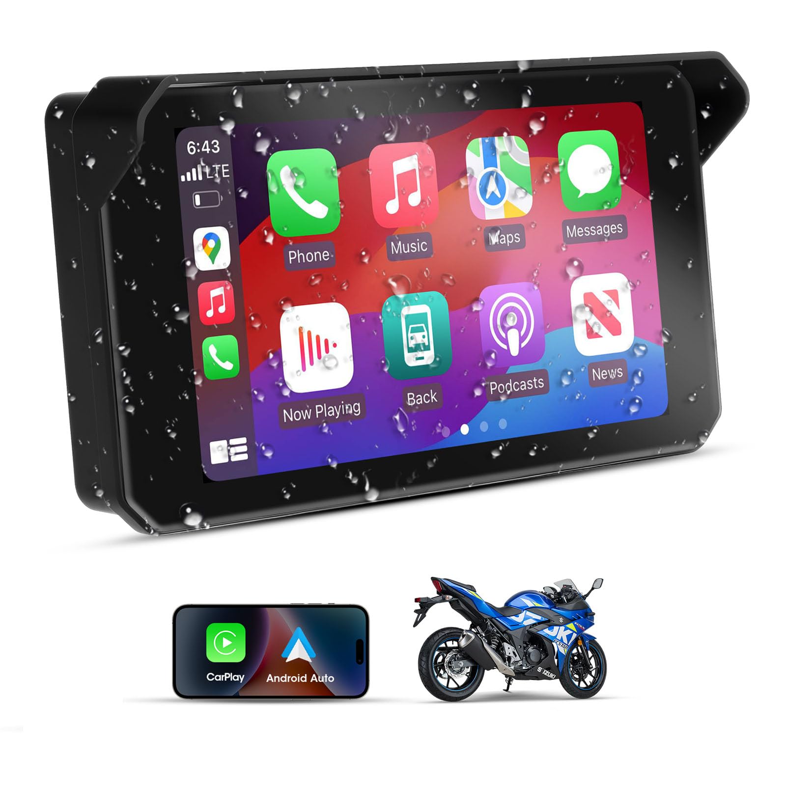 5 Zoll Motorrad Carplay Display, IP67 Ganzkörper Wasserdicht Motorrad navi Bluetooth GPS Siri/GOO-gle Assistente