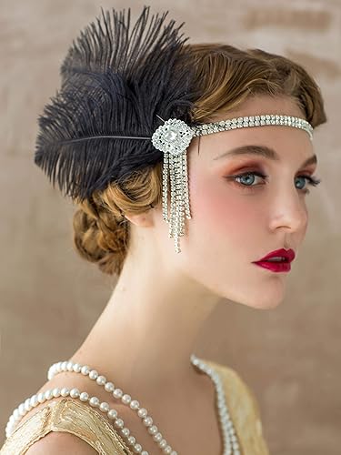Miniatura 6 de SWEETV Diadema para mujer, diseño de pavo real con plumas inspiradas en Gatsby de 1920s , talla única