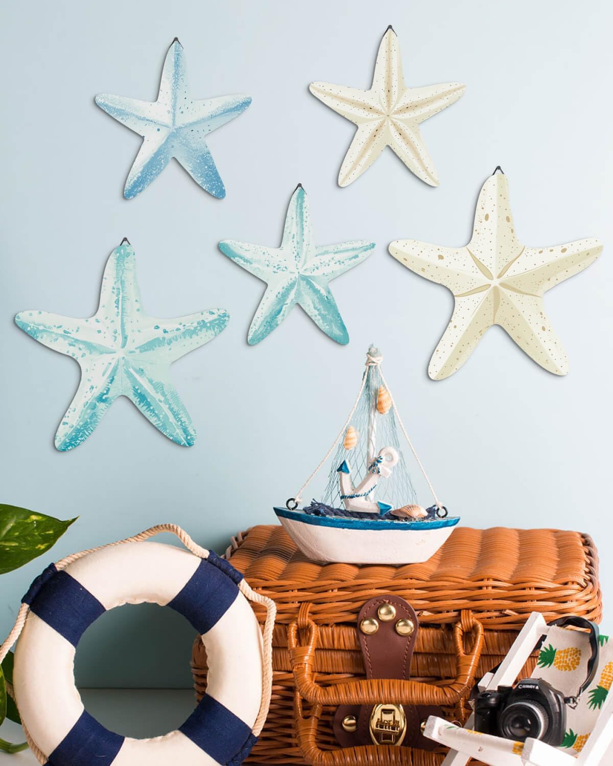Putuo Decor Coastal Nautical Starfish MDF Wall Art Set of 5 Beach Wall Decor Coastal Hanging Décor for Bathroom, Living Room, Patio (Flat, It's Not 3D, Not Real Starfish) - Image 4