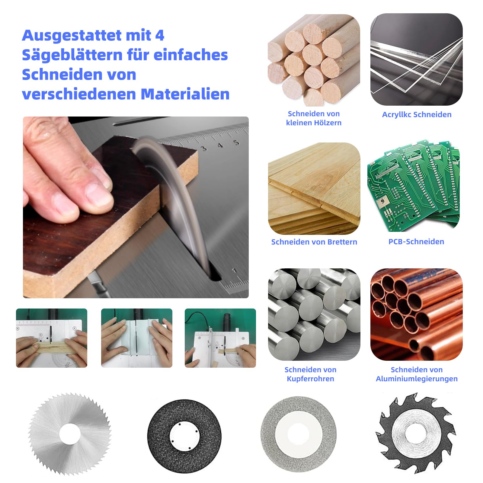 Mini Tischkreissäge, 7-Gang-Netzteil Einstellbarer Präzisions Table Saw mit 4 Klingen, 96W Tischkreissägen Tragbare 0,1-15mm Sägeblatt Höhenverstellbarer und Sicherheitsklappe für Holzbearbeitung