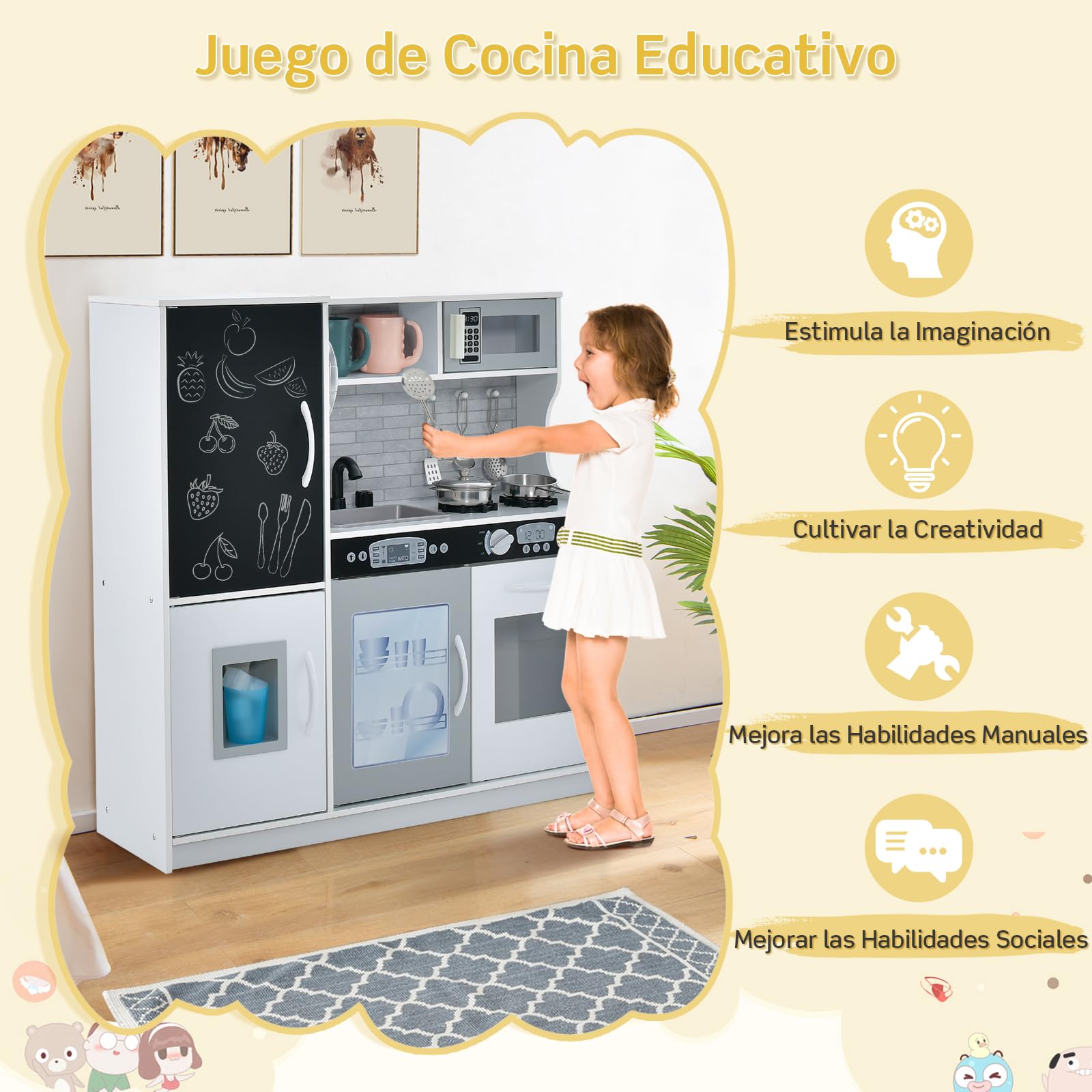 RELAX4LIFE Cocina Juguete con Pizarra, Sonidos Reales, Teléfono, Estufas, Lavavajillas, Máquina de Hielo y Horno, Cocinita Infantil con Accesorios Completos para Niños 3-6 Años (Blanco)