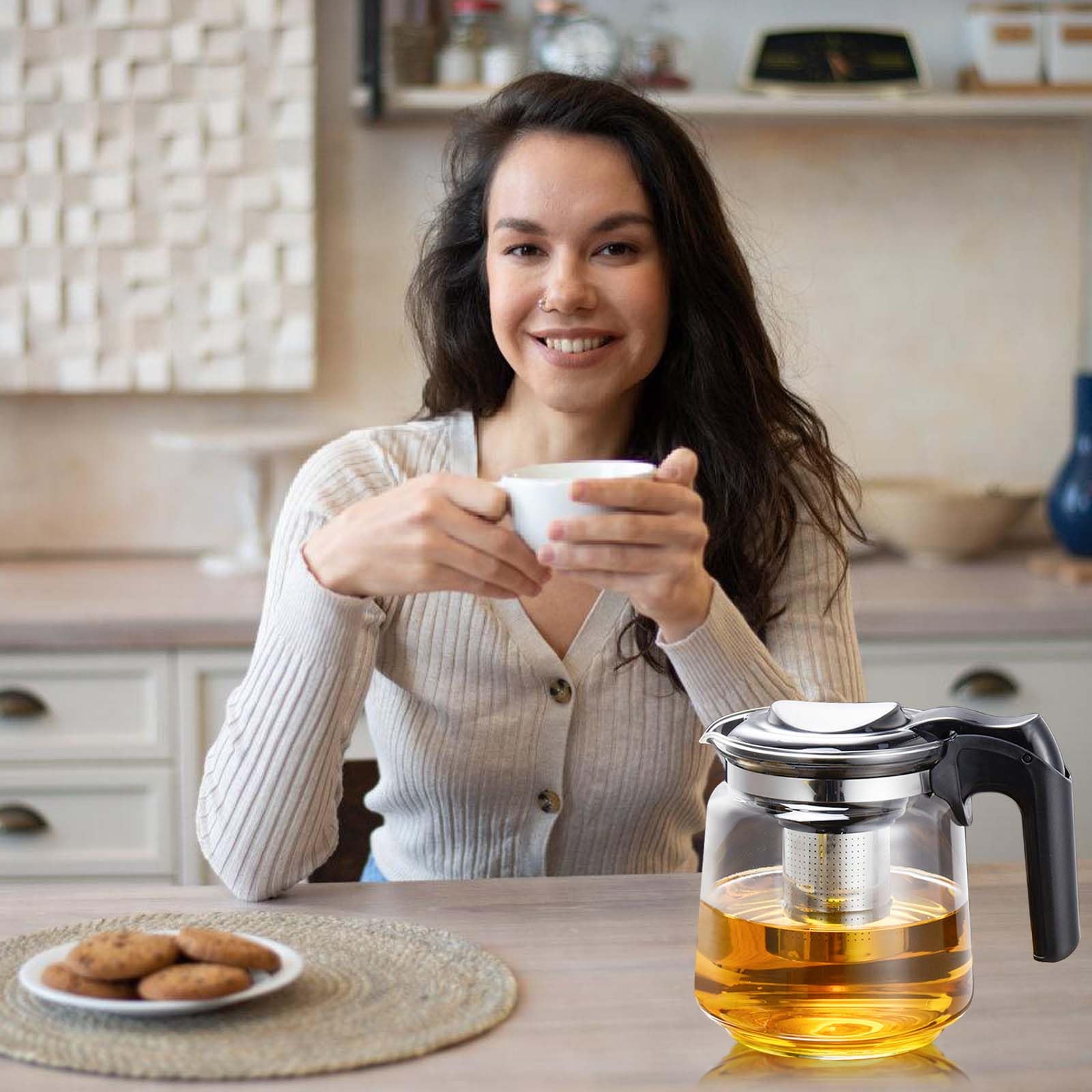 Teiera in vetro di alta qualità, 1,5 l, con coperchio, resistente al calore, con infusore in acciaio inox, per preparare tè sfusi