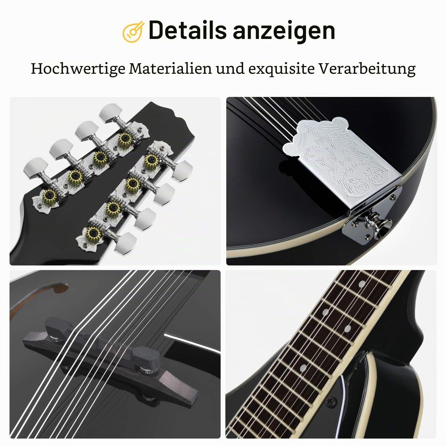 Donner Mandoline Instrument A Style Mandoline mit 8 Saiten Anfänger Erwachsene Mahogany Tasche Tuner Plektren Schwarz (DML-100B)