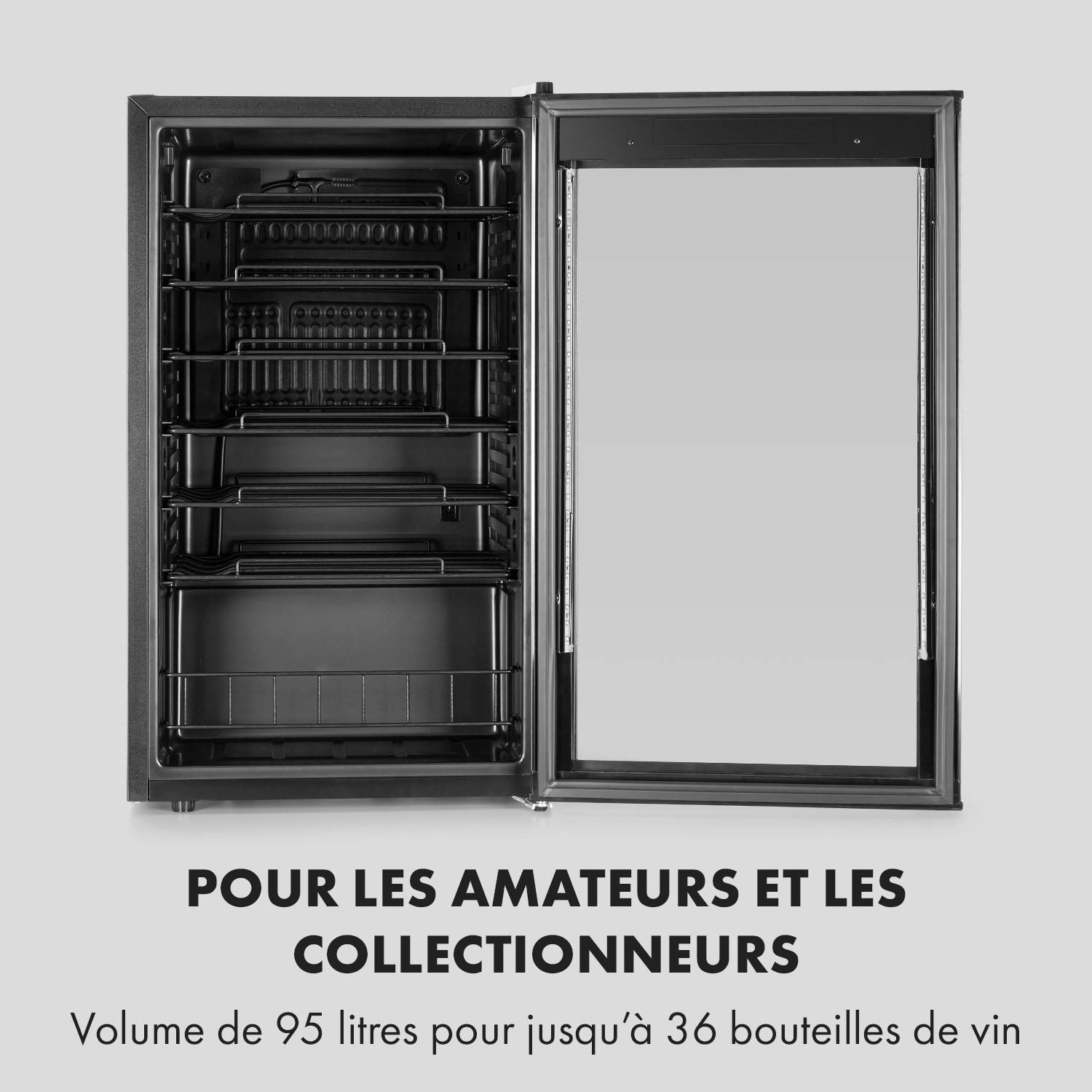 Klarstein Vinomatica - Cave à vin, Compacte, Capacité de 95L, 36 bouteilles, Porte panoramique, Cadre en acier inoxydable noir, Eclairage intérieur, 6 tablettes amovibles, Réglable de 4 à 18°C, Noir