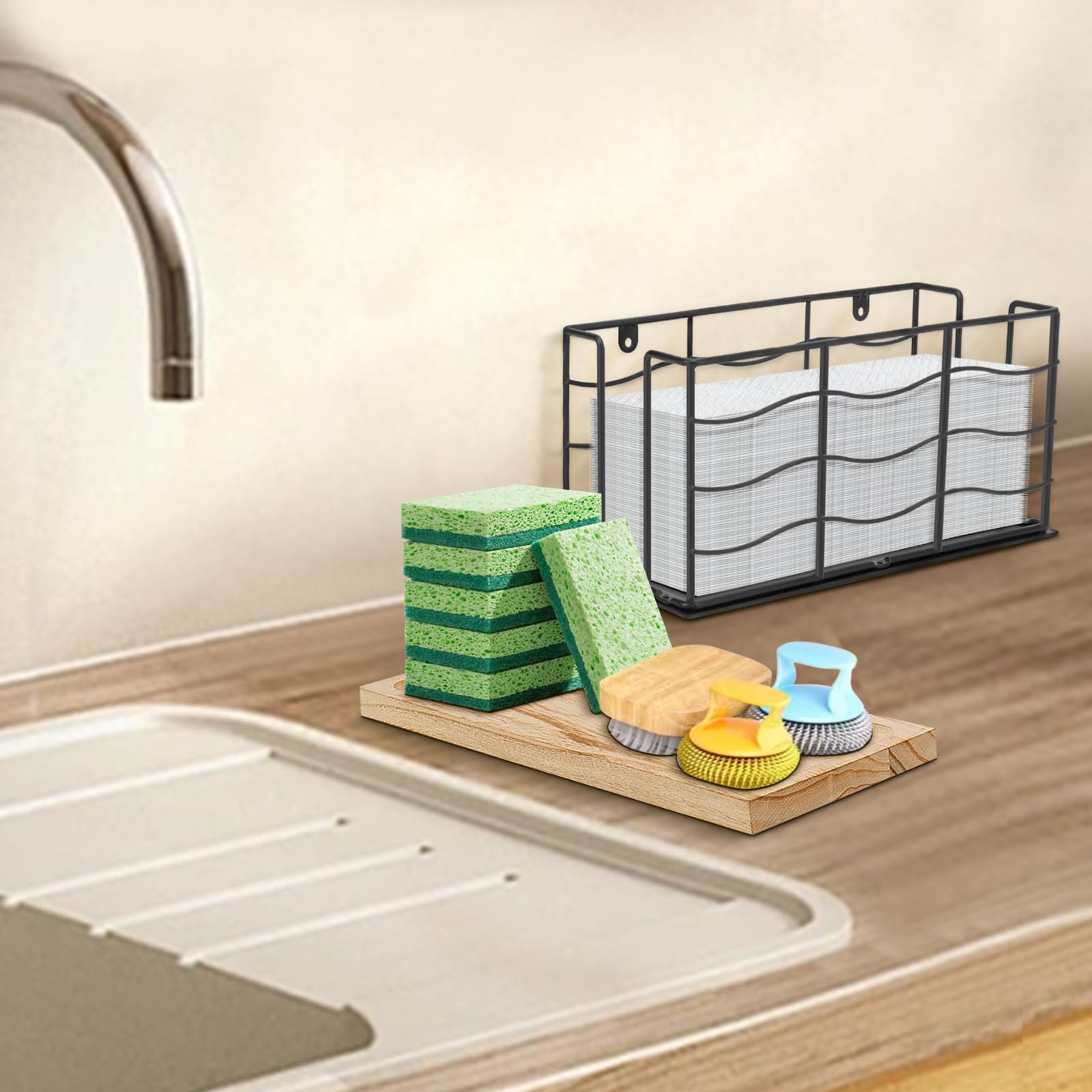 Dispensador de toallas de papel, soporte de metal para toallas de papel con tapa de madera, dispensador de servilletas comercial, dispensador de toallas de papel de triple pliegue para el