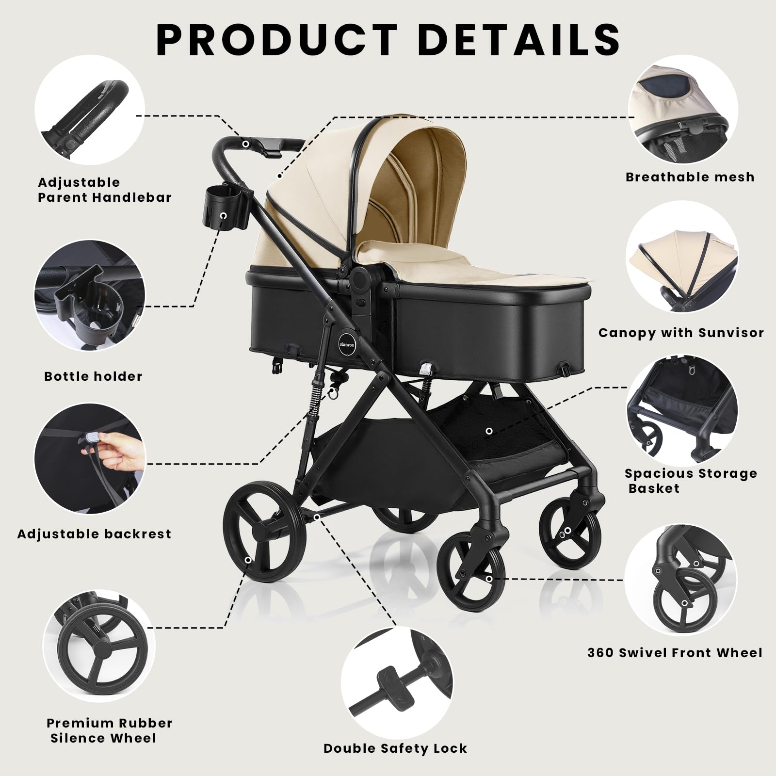 2-in-1 Kinderwagen für 0-36 Monate, Drehbarer Sitz, Leichter Aluminiumrahmen, Kompakte Faltung, Gefederte Räder, Große Tasche, Getränkehalter, CE-Zertifizierter-Kinderwagen