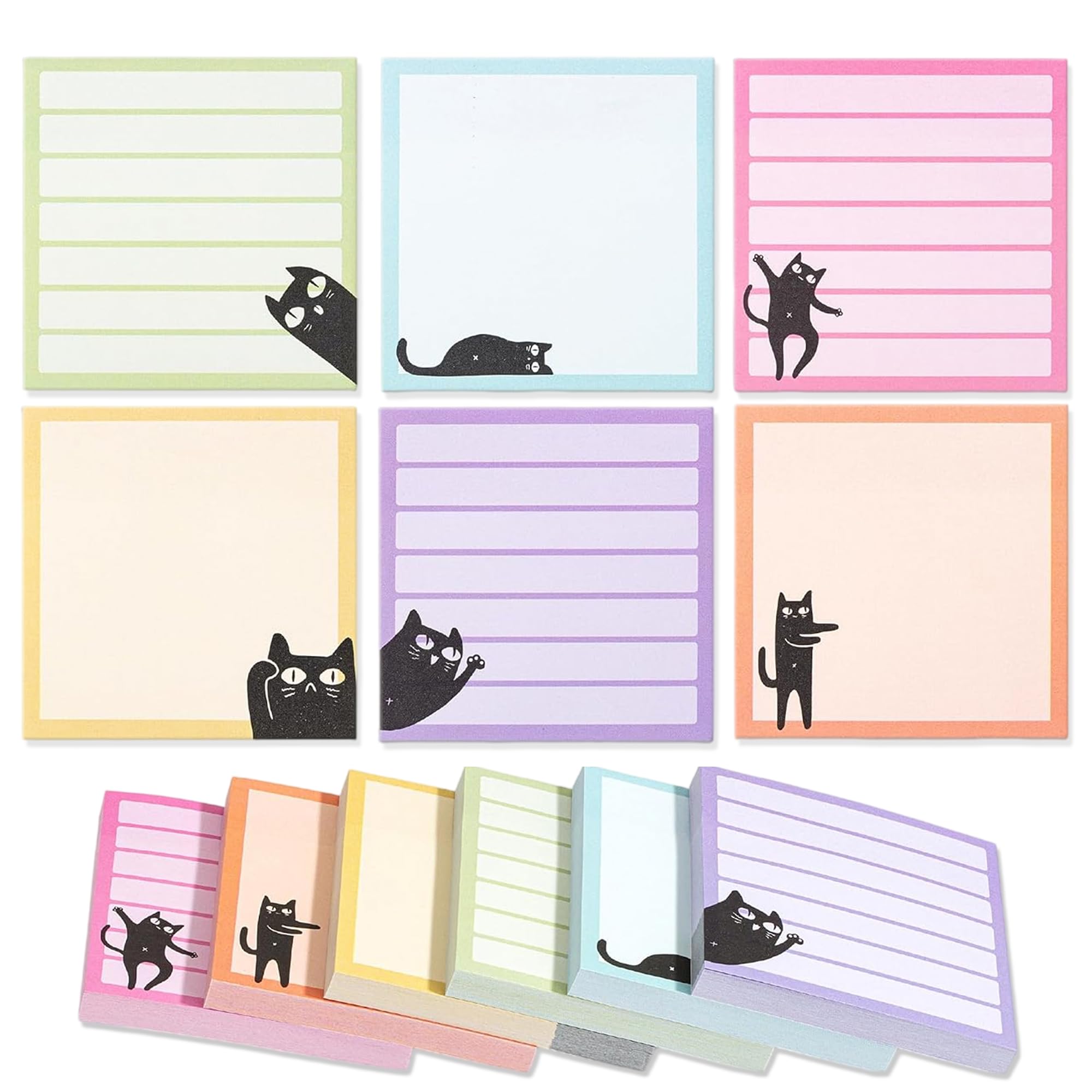 Wonninek Cute Cat Sticky Notes 480 Sheets, 7.6x7.6cm Memo Pad – 6 Pack Kawaii Stationery Supplies for Office, Teacher, Student, School – Gift Idea