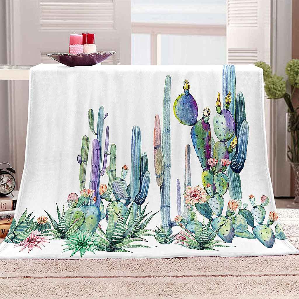 Plaid flanelle imprimé cactus couverture lit microfibre chaude et légère