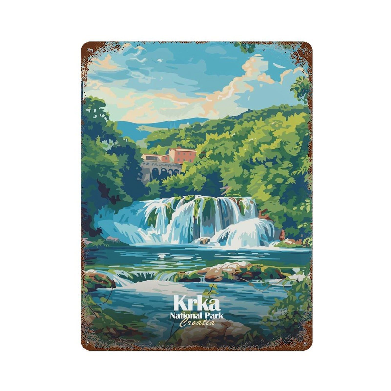 Garage Style Krka National Park Croatia Illustration Aged Metal Wall Plaque 15.7"x11.8", Decorative Metal Wall Art for Bar And Workshop