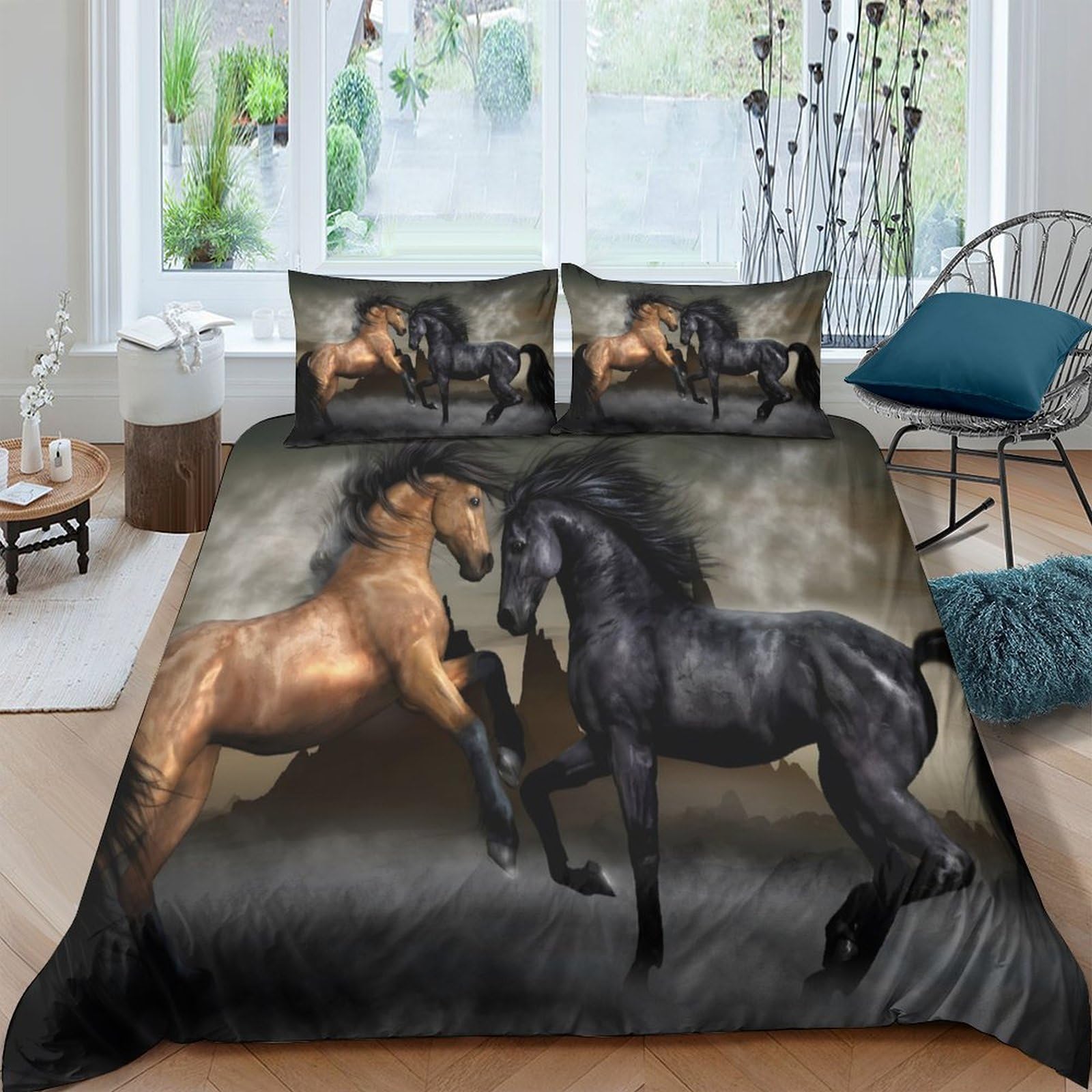 Ctjqhvkz Style-7 3D Printed Brown Horse Fitted Sheet Microfiber Black Stallion Bed Cover Non Slip Machine Washable Bedroom Decor Single（135X200cm）