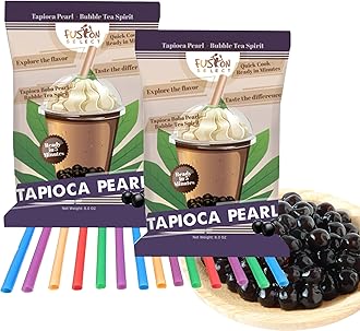 Fusion Select Tapioca Pearl - Brown Sugar Flavor Quick Cook Tapioca, DIY Boba for Boba Tea Ready in 5 Minutes, Boba pearls, Bubble Tea Pearl s, Milk Tea Toppings (2 Packs With Straws)