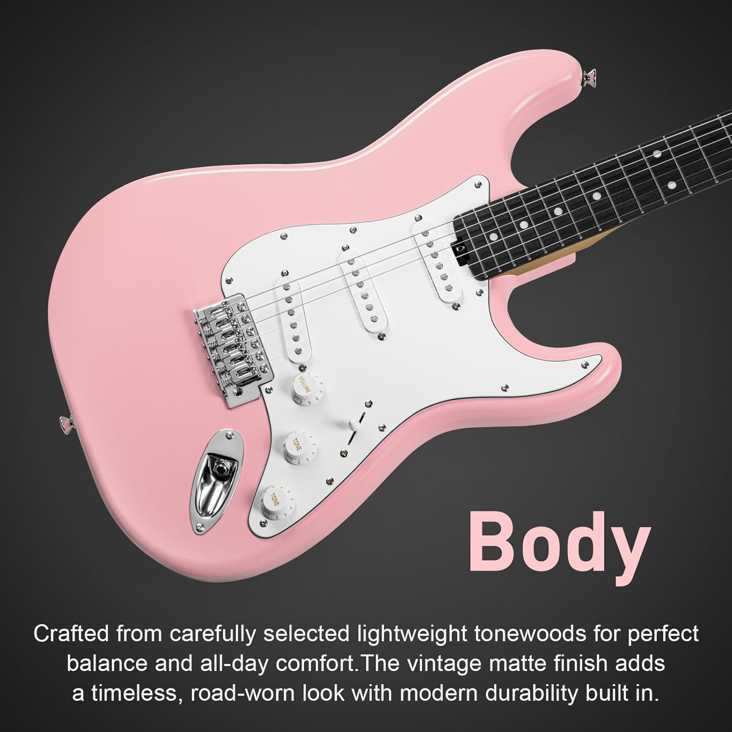 Sonicake Electric Guitar, 39" Beginner Electric Guitar, Classic SSS Pickup, Tremolo Bridge, Full-Size Lightweight Body, Rounded Fret Ends, Heel Adjustment Truss Rod (Shell Pink)