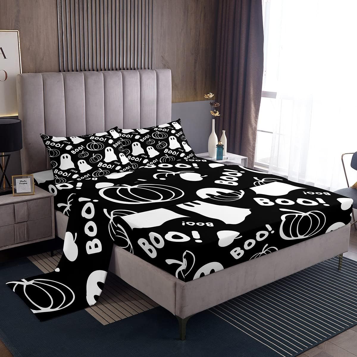 Castle Fairy Black White Bats Bed Sheet Set Kids Bat Printed Sheets Set 4pc Halloween Theme Microfiber Soft Bedding Set,1 Flat Sheet,1 Deep Pocket Fitted Sheet,2 Pillow Cases（King Size）