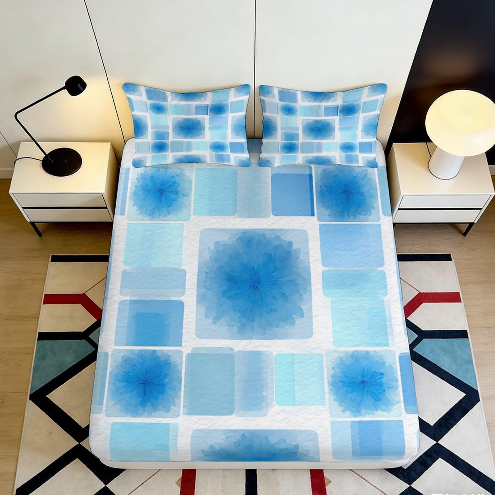Blue geometric pattern 3D Printed Fitted Sheet, soft touch Microfiber, wrinkle resistant, apartment bedding, bedroom decor, dustproof cover, easy care 180x200x25cm