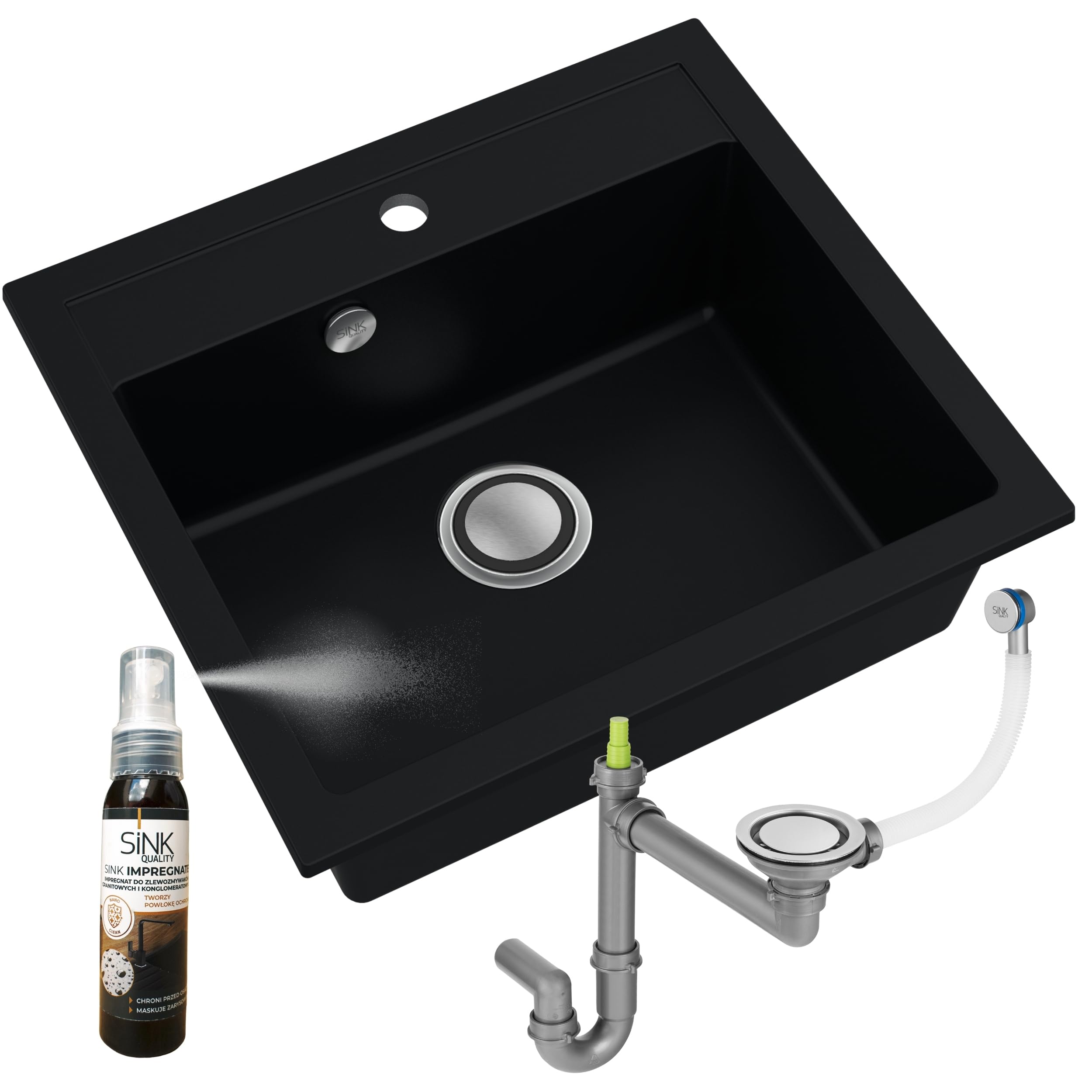 SINK Quality Zlewozmywak Jednokomorowy Czarny 56x51 cm - W zestawie syfon z Pop Up i impregnat - Granitowy Zlew Kuchenny do szafki o szerokości od 60 cm