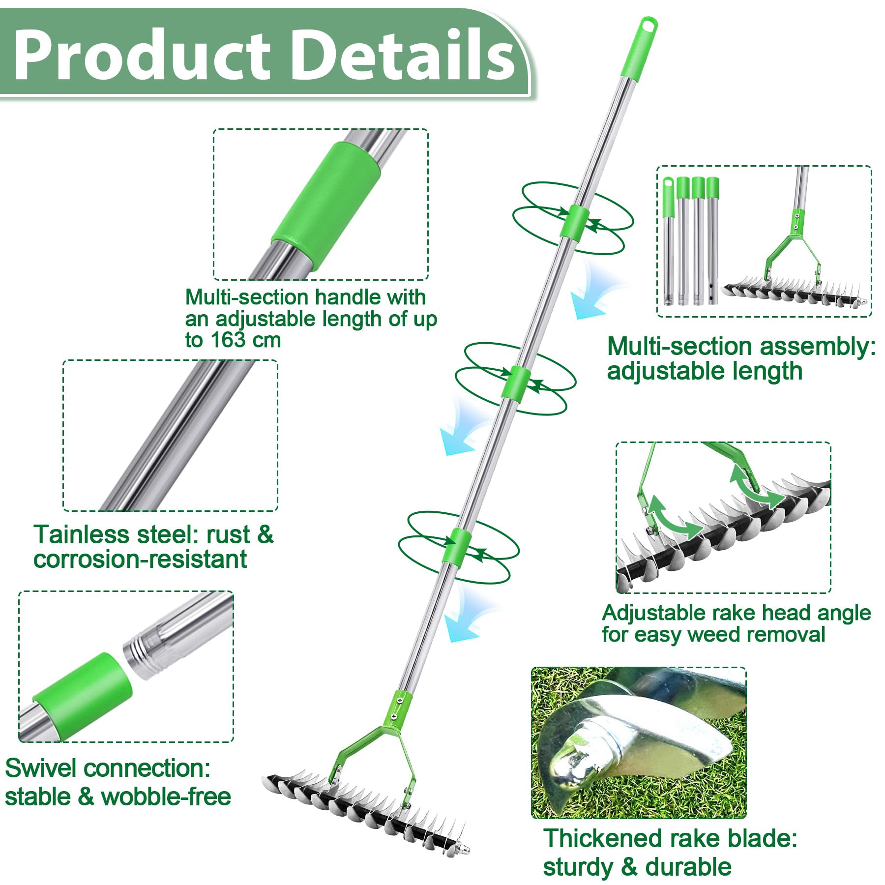 TZEKING 163cm Rastrello Sarchiatore con Manico Rimovibile,Cultivatore a Mano da Giardino a Manico Lungo Regolabile,Rastrello per Prato,Aeratore Doppio per Pulire l'Erba Morta - 3