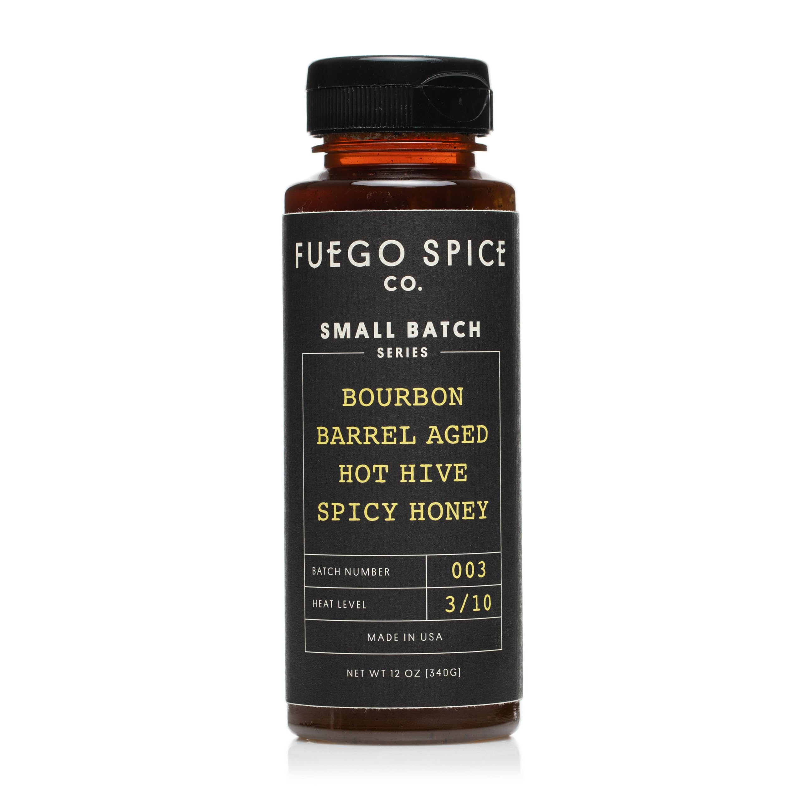 Bourbon Barrel-Aged Spicy Honey by Fuego Spice - Aged in Award-Winning Bourbon Barrels with Organic Carolina Reaper - WITHOUT CRATE - 12 oz. - Heat Level: Mild