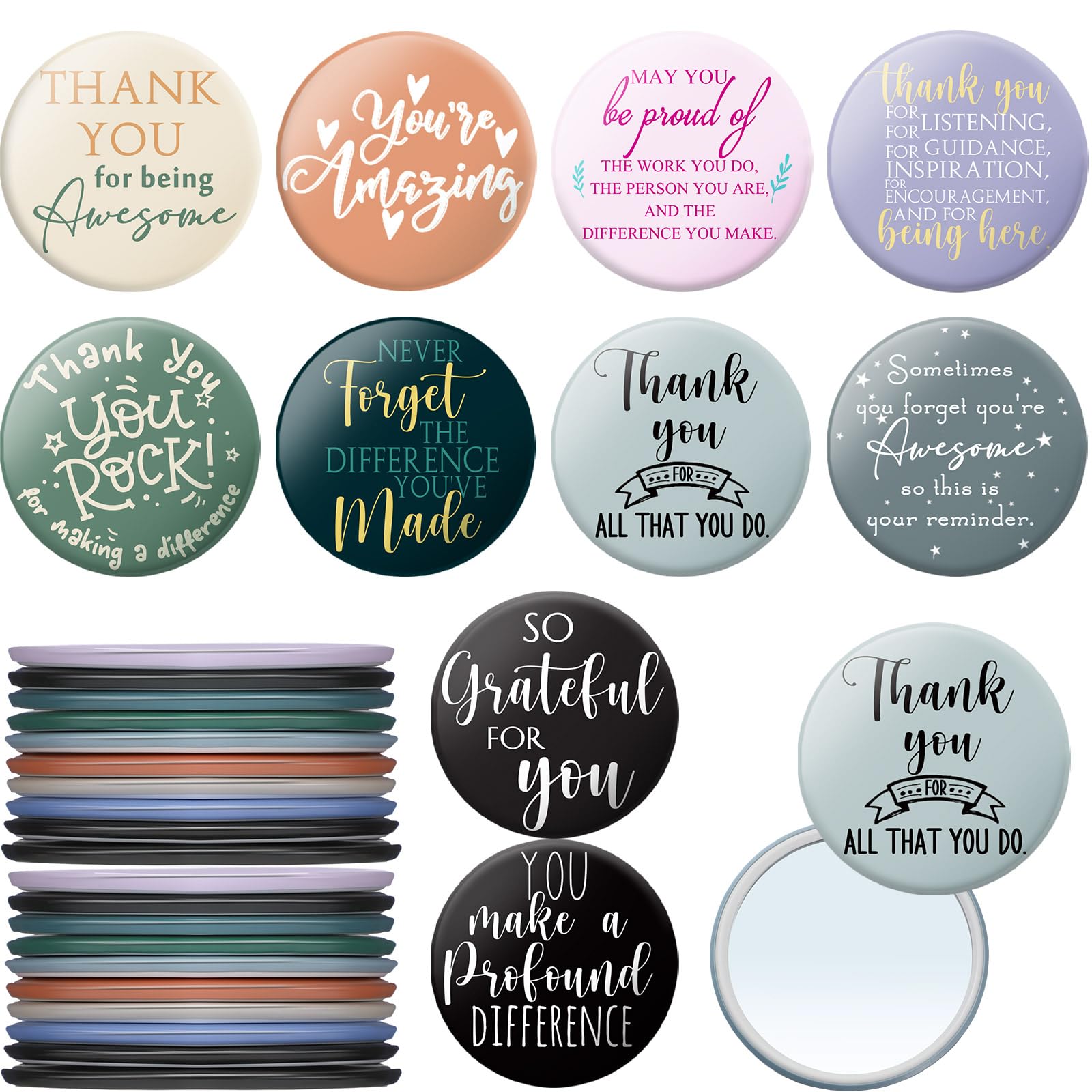 Thyle 30 Pcs Inspirational Compact Mirror Bulk Employee Appreciation Gift 2.76'' Round Portable Pocket Mirror for Women Empowerment Thank You Secretaries Coworker (Classic Color)
